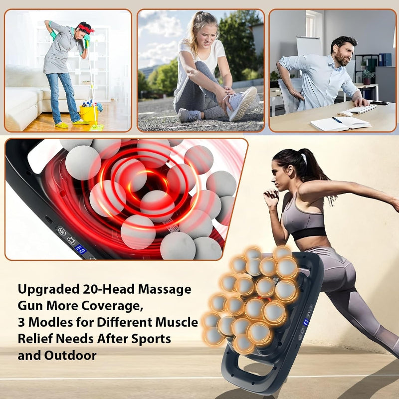 Massage gun with text about its features and uses in various scenarios.