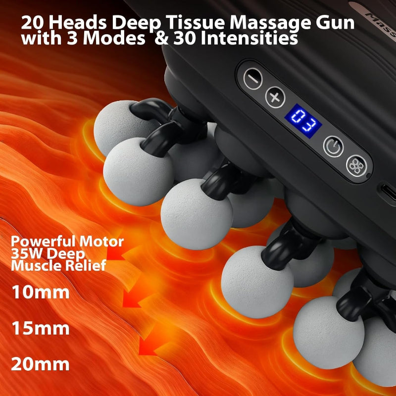 Deep tissue massage gun with multiple heads and digital display on an orange background