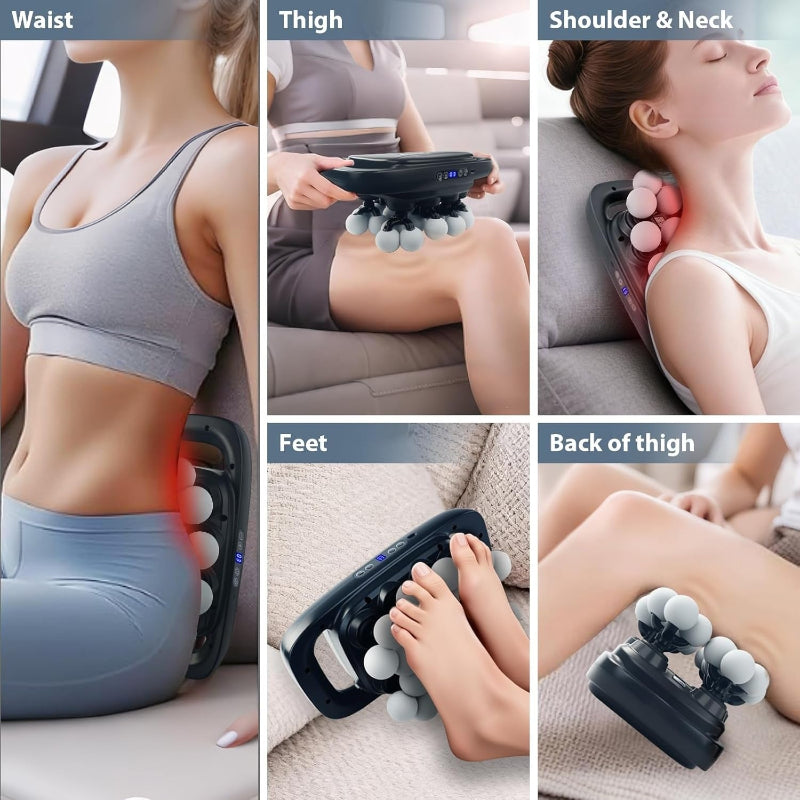 Collage of a handheld massage device being used on various parts of the body including waist, thigh, shoulder, feet, and back.