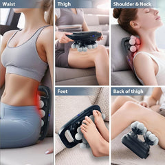 Collage of a handheld massage device being used on various parts of the body including waist, thigh, shoulder, feet, and back.