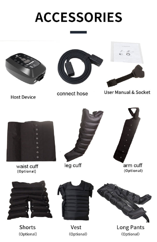 Set of black accessories including a host device, connect hose, user manual, and various body cuffs and garments on a white background.