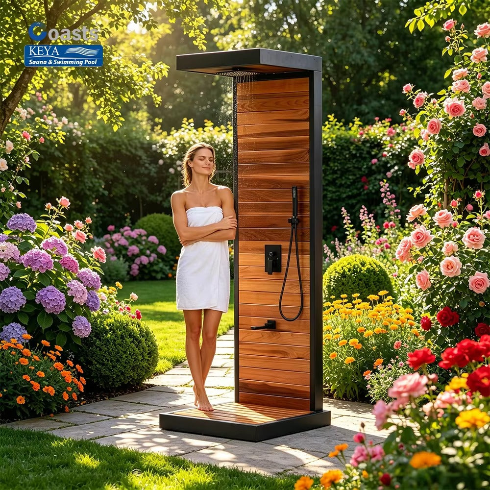 Mercury-Grand Graceful Sturdy Column Ebony Finish Sky View Shower Refreshing Rain Garden Hose Hookup for Zen Garden Outdoor Pool Shower